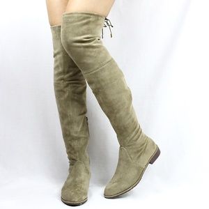 Olive Thigh High Over The Knee Round Toe Flat Boot
